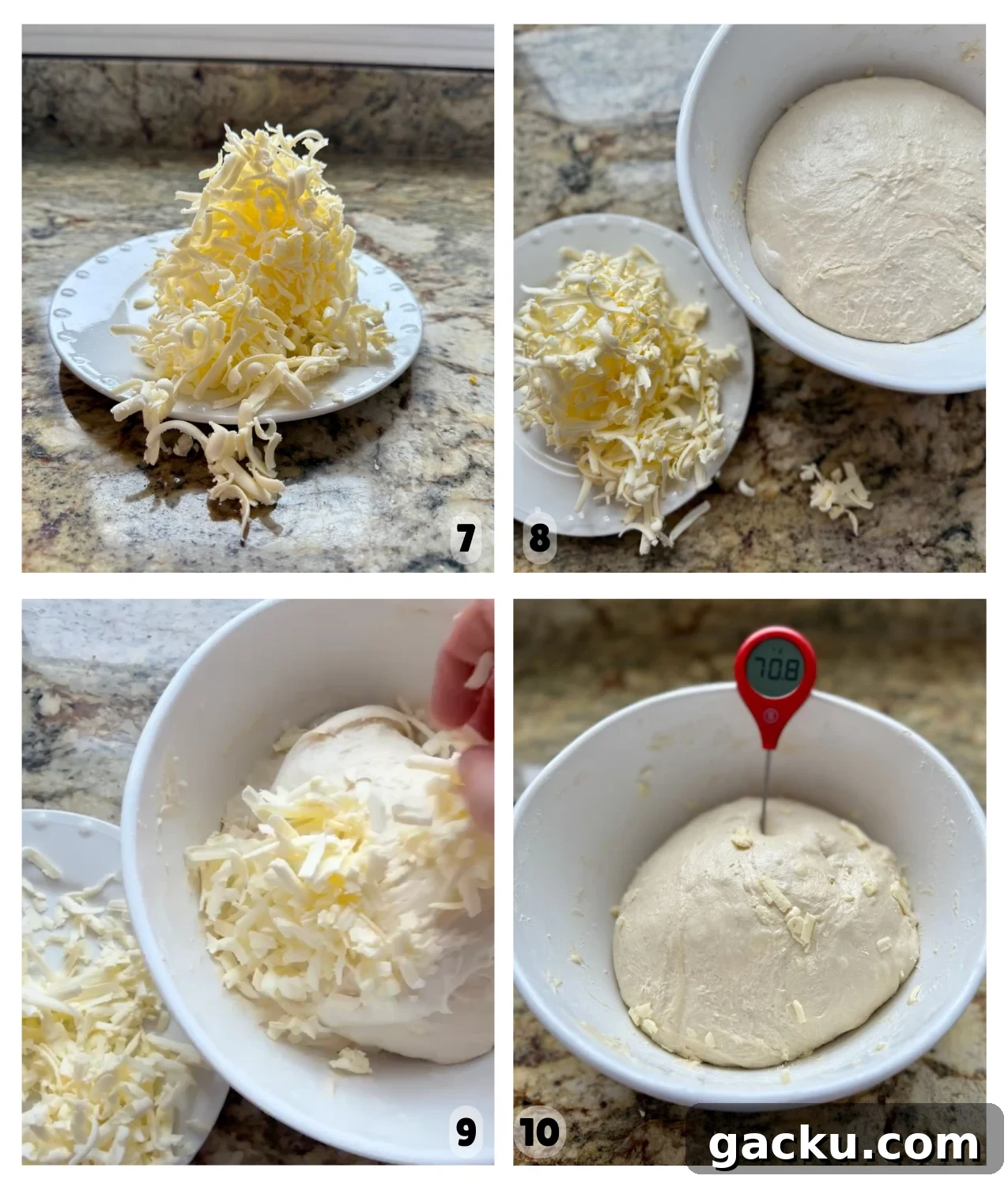 Butter being added to the dough during the bulk fermentation process.