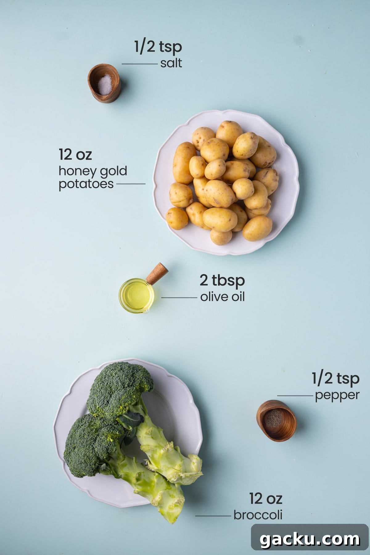 30-Minute Roasted Baby Potatoes & Broccoli with Garlic Butter 3 all ingredients for Roasted Potatoes and Broccoli - salt, pepper, olive oil, broccoli, potatoes