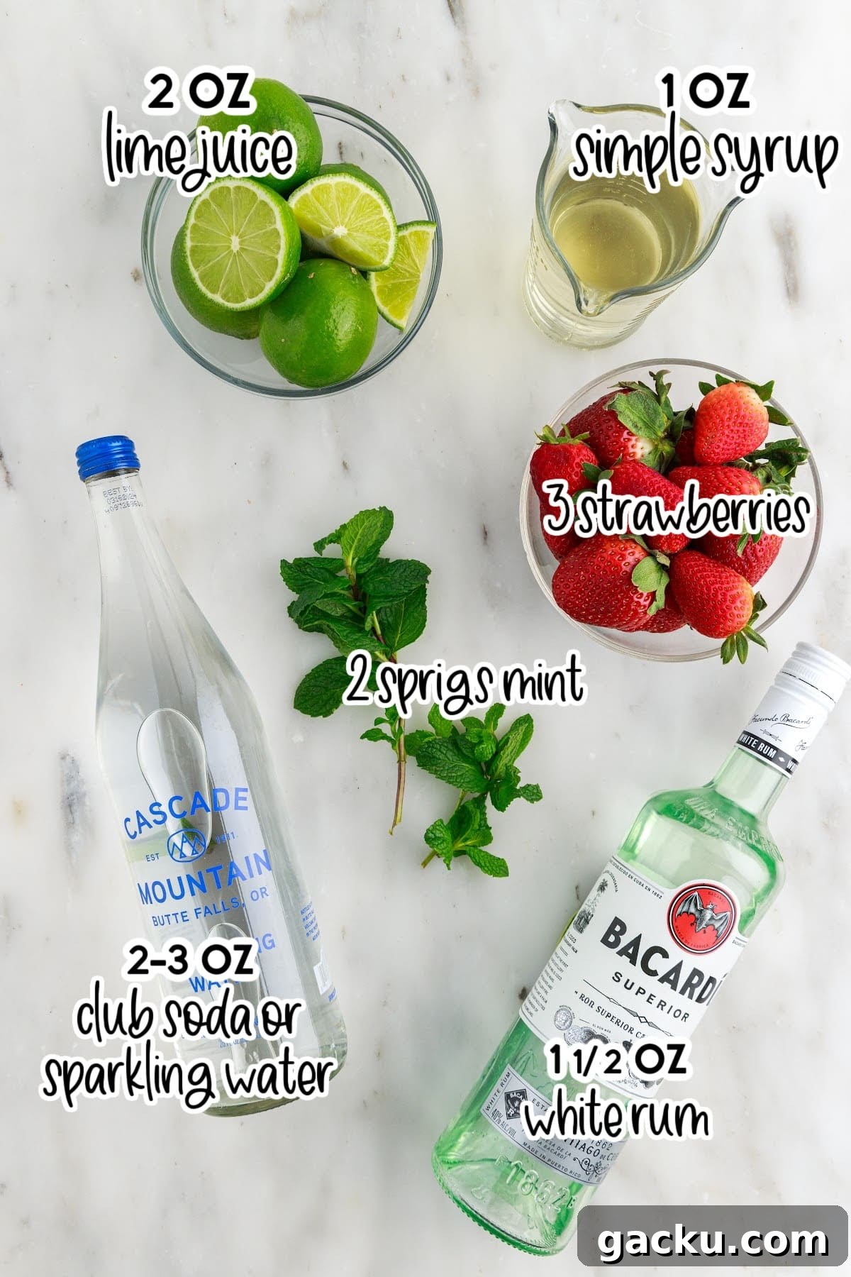 Ingredients needed to make Strawberry Mojitos with text overlay.