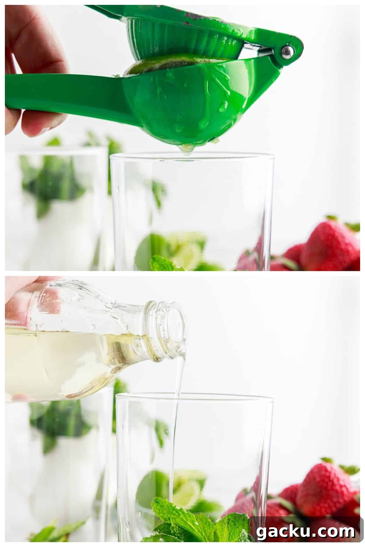 Two images of lime being squeezed into glass and simple syrup being added to glass.