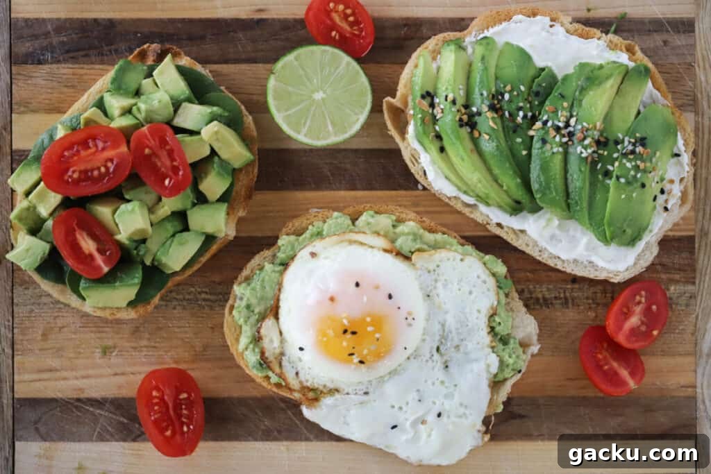 A cutting board with Avocado Toast flavor variations including avocado toast with eggs. 