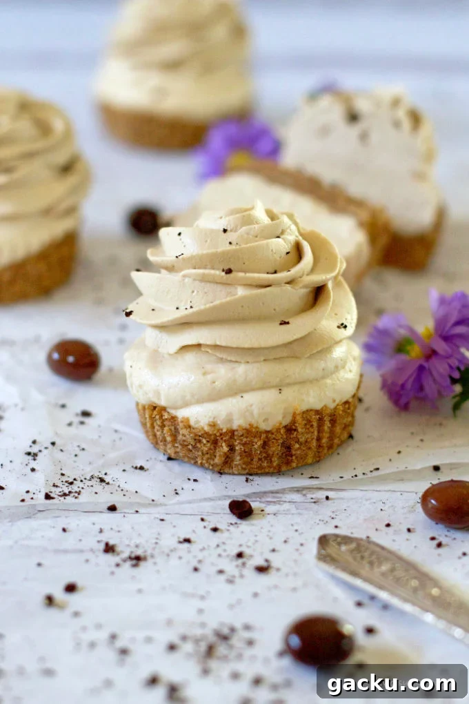 Mini Peanut Butter Espresso No-Bake Cheesecakes 3 peanut butter espresso cheesecake sitting on parchment paper