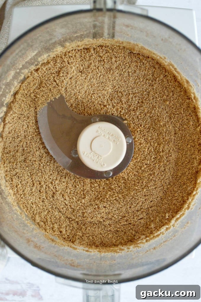 Mini Peanut Butter Espresso No-Bake Cheesecakes 6 ground graham crackers, sugar and espresso powder in the bowl of a food processor