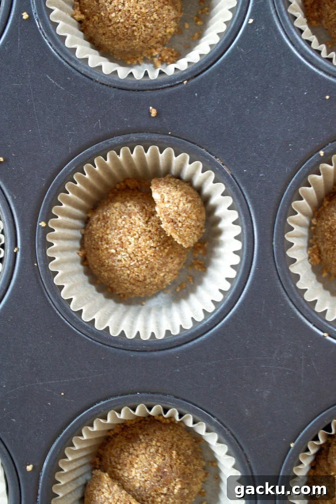 Mini Peanut Butter Espresso No-Bake Cheesecakes 9 espresso graham cracker crust measured into muffin pan liners