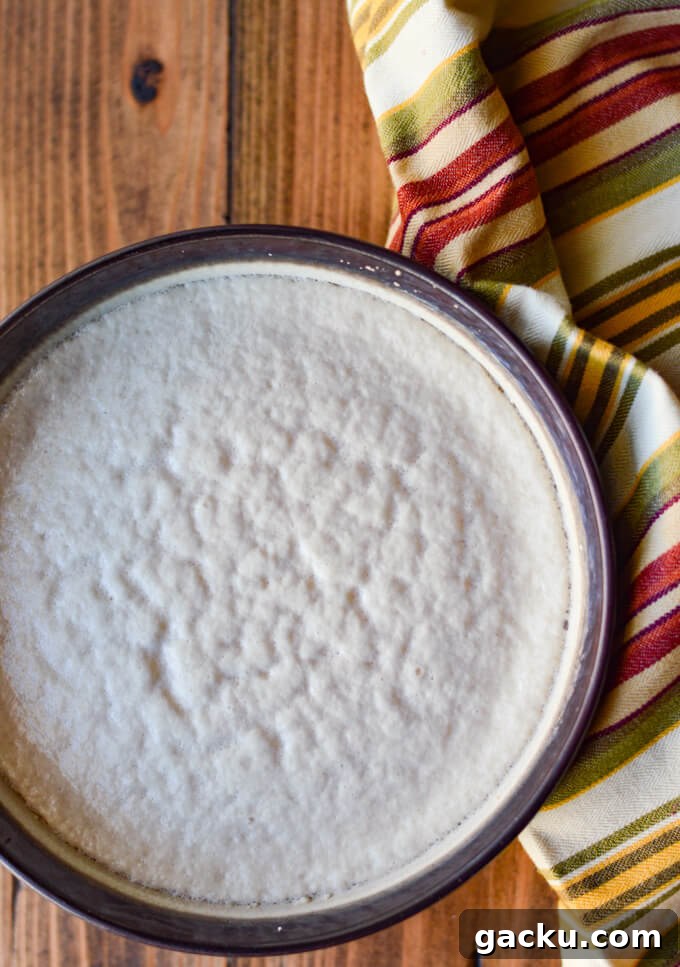 A small bowl of yeast rising with a striped napkin on the side.