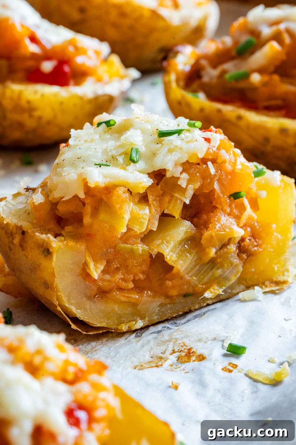 Ultimate Twice-Baked Potatoes Recipe for Crispy, Cheesy Potatoes 11 Closeup of twice baked potato cut in half.