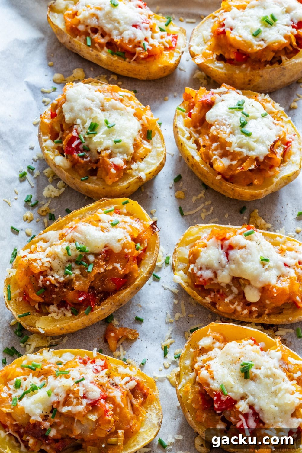 Ultimate Twice-Baked Potatoes Recipe for Crispy, Cheesy Potatoes 9 Double baked and stuffed potatoes topped with cheese and fresh chives.