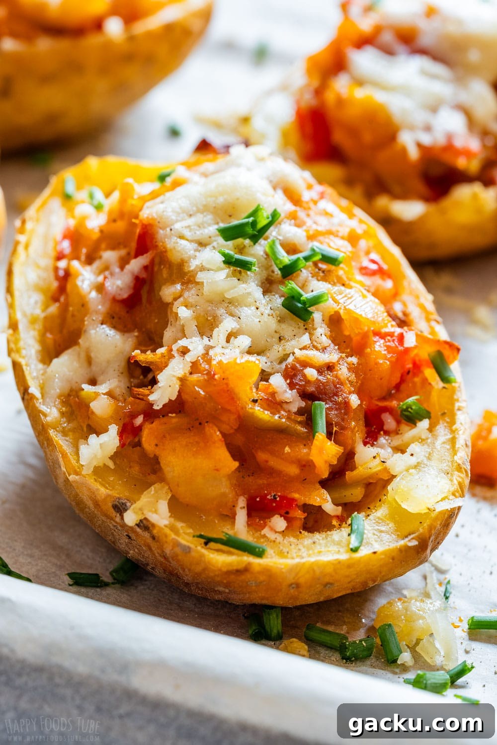 Ultimate Twice-Baked Potatoes Recipe for Crispy, Cheesy Potatoes 10 Twice baked potatoes with chorizo and cheese.