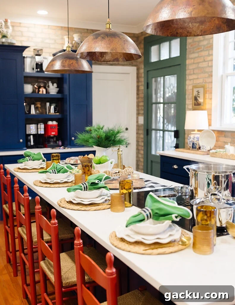 Kitchen island set for a casual dinner party with friends, gumbo dinner.