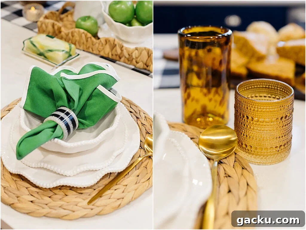 2 part collage featuring details of casual table setting on kitchen island for gumbo dinner party.