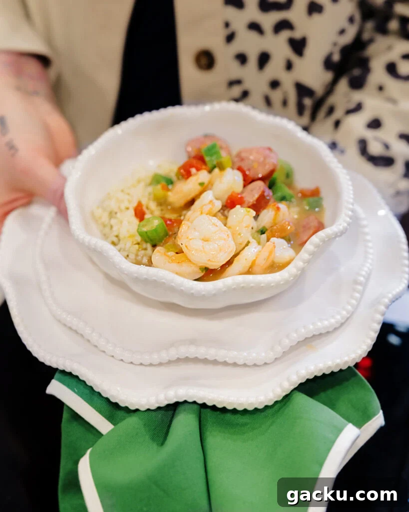 A bowl of easy Louisiana gumbo to make for a dinner party.