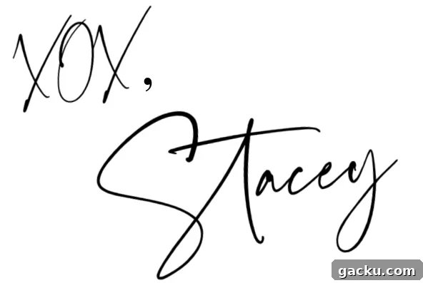 signature to sign off this post with best wishes. XOX, Stacey.