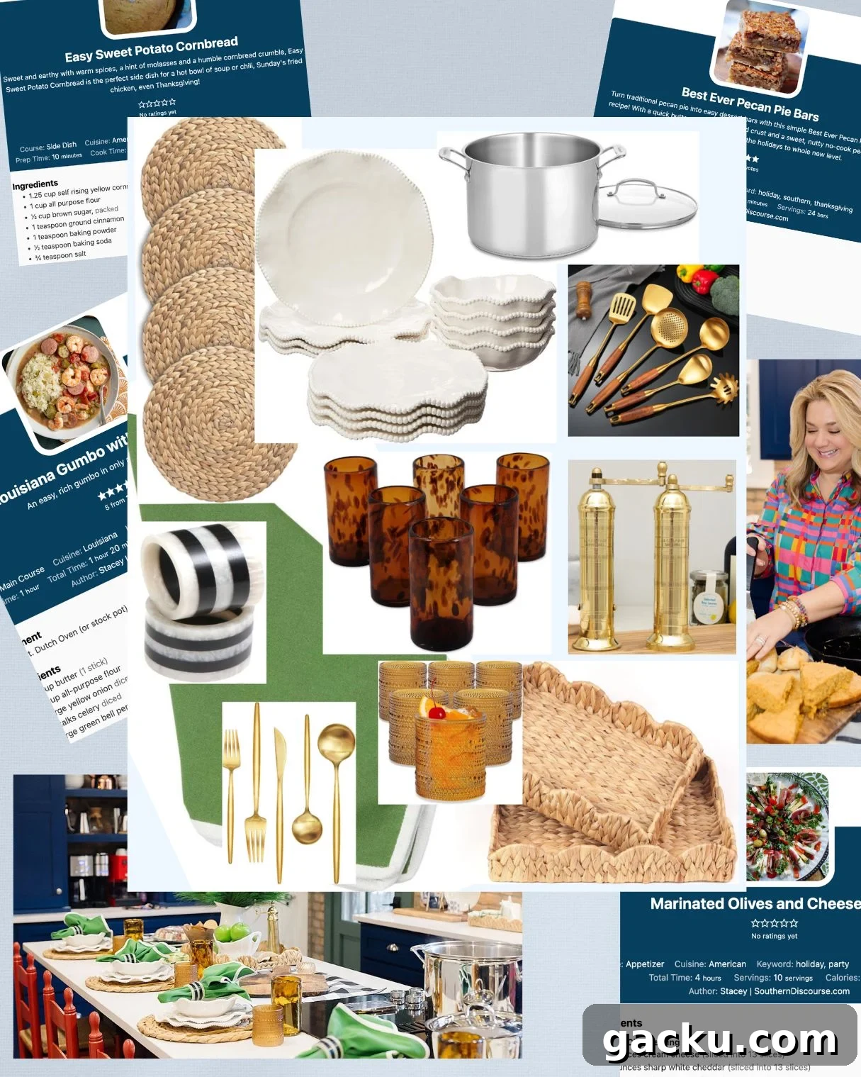 Graphic showing all the items and recipe cards needed to create this Mardi Gras dinner with friends.