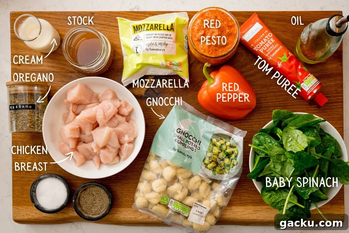 Creamy Baked Gnocchi with Chicken and Parmesan Crisp 3 A wooden board with ingredients for baked gnocchi with chicken: diced chicken, gnocchi, mozzarella, cream, oregano, chicken stock, red pesto, red pepper, tomato purée, oil, baby spinach, salt and pepper. The ingredients are labelled in white text.