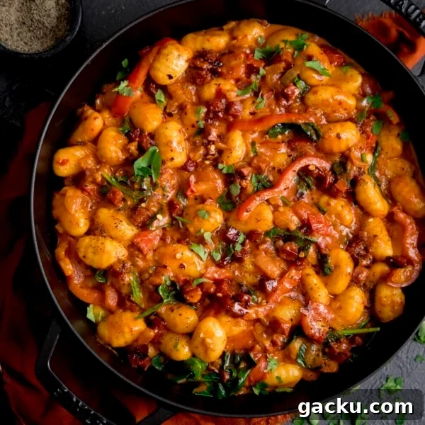 Creamy Baked Gnocchi with Chicken and Parmesan Crisp 6 Square image of gnocchi and chorizo in harissa sauce in a black cast iron pan.