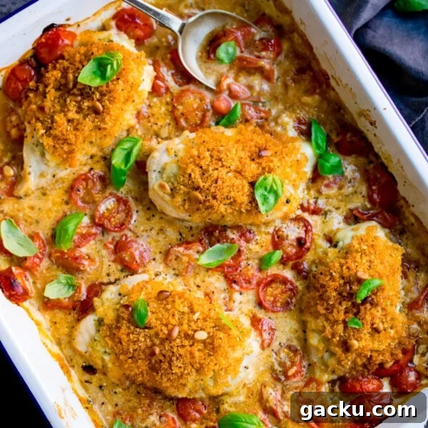 Creamy Baked Gnocchi with Chicken and Parmesan Crisp 9 A white baking dish with four breaded chicken breasts in a creamy pesto sauce with roasted cherry tomatoes and basil leaves. There is a spoon resting in the top of the dish.