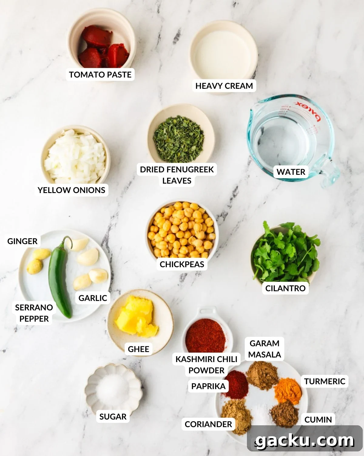 Restaurant-Style Chickpea Tikka Masala Recipe 4 An overhead image of the ingredients of chickpea tikka masala.