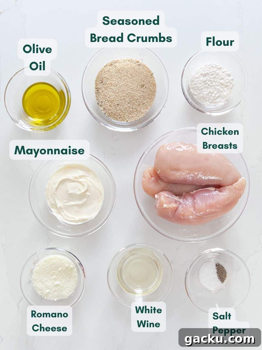 Crispy Pan-Seared Chicken Cutlets with Lemon Garlic Sauce 3 An overhead image of labeled recipe ingredients.