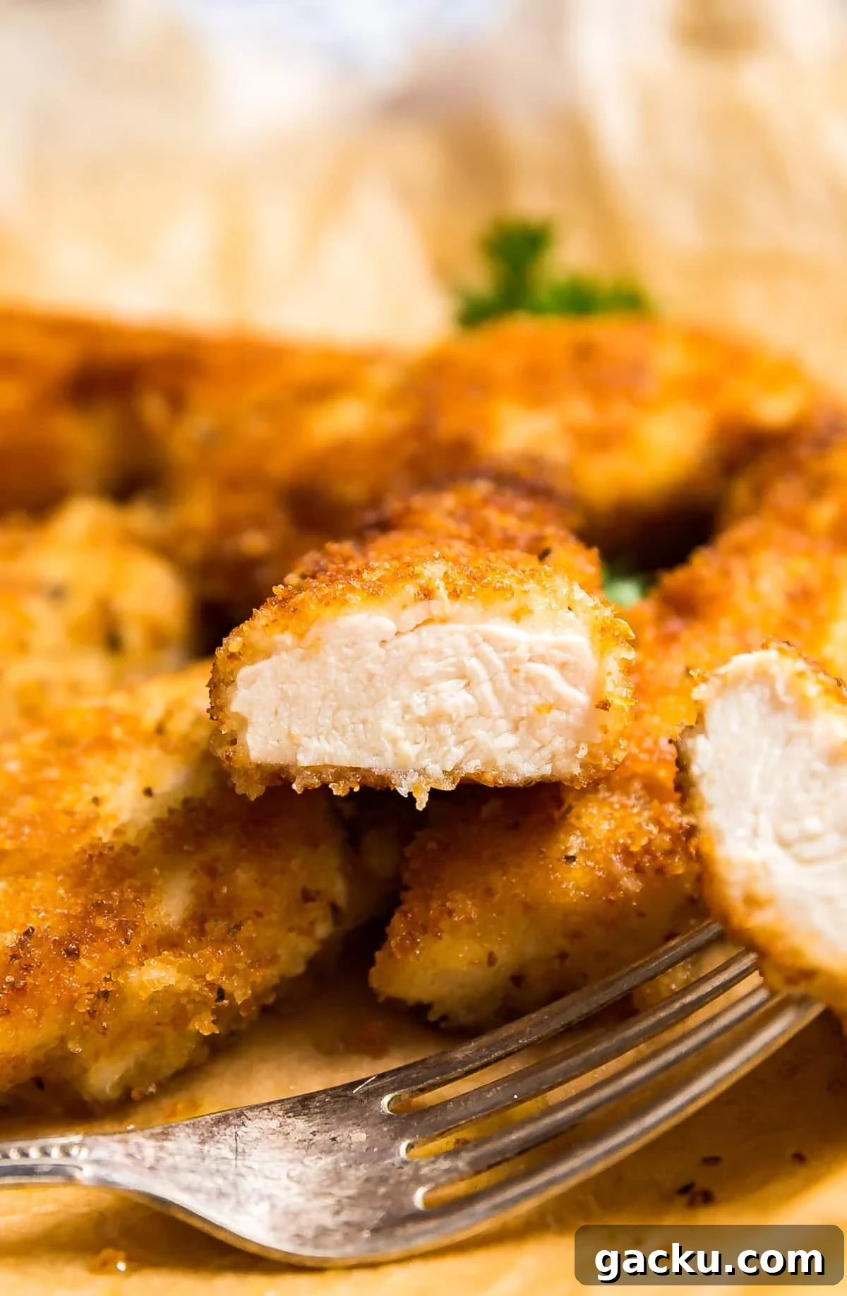 Crispy Pan-Seared Chicken Cutlets with Lemon Garlic Sauce 4 A close up image of a chicken cutlet cut in half revealing the perfectly cooked center.