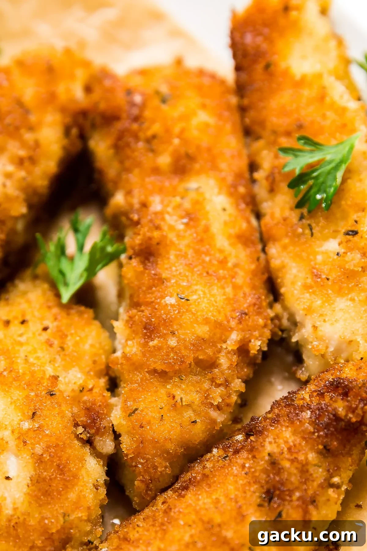 Crispy Pan-Seared Chicken Cutlets with Lemon Garlic Sauce 5 A close up image of the side of chicken cutlets and some parsley.