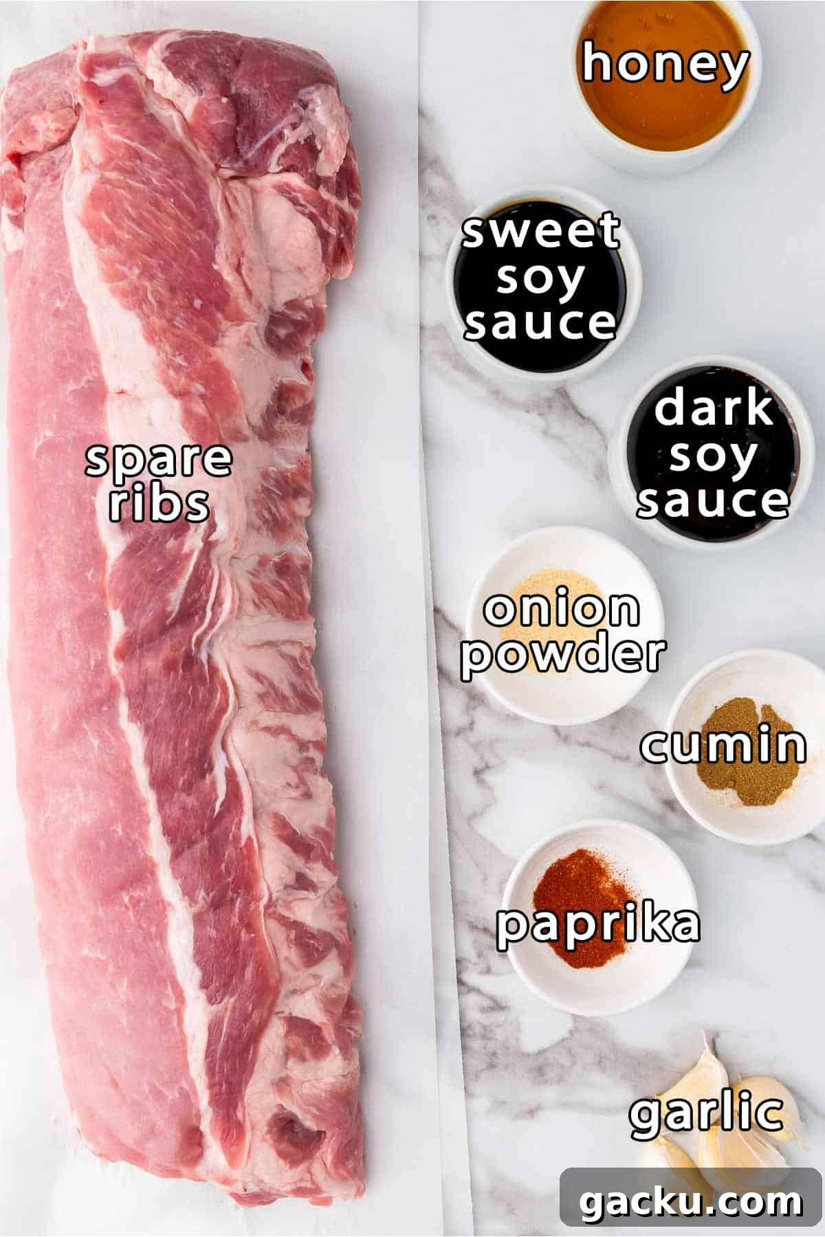 Slow-Cooked Honey Garlic Ribs with Sticky Glaze 3 Overhead shot of ingredients - spare ribs, honey, sweet soy sauce, dark soy sauce, onion powder, cumin, paprika, and garlic.