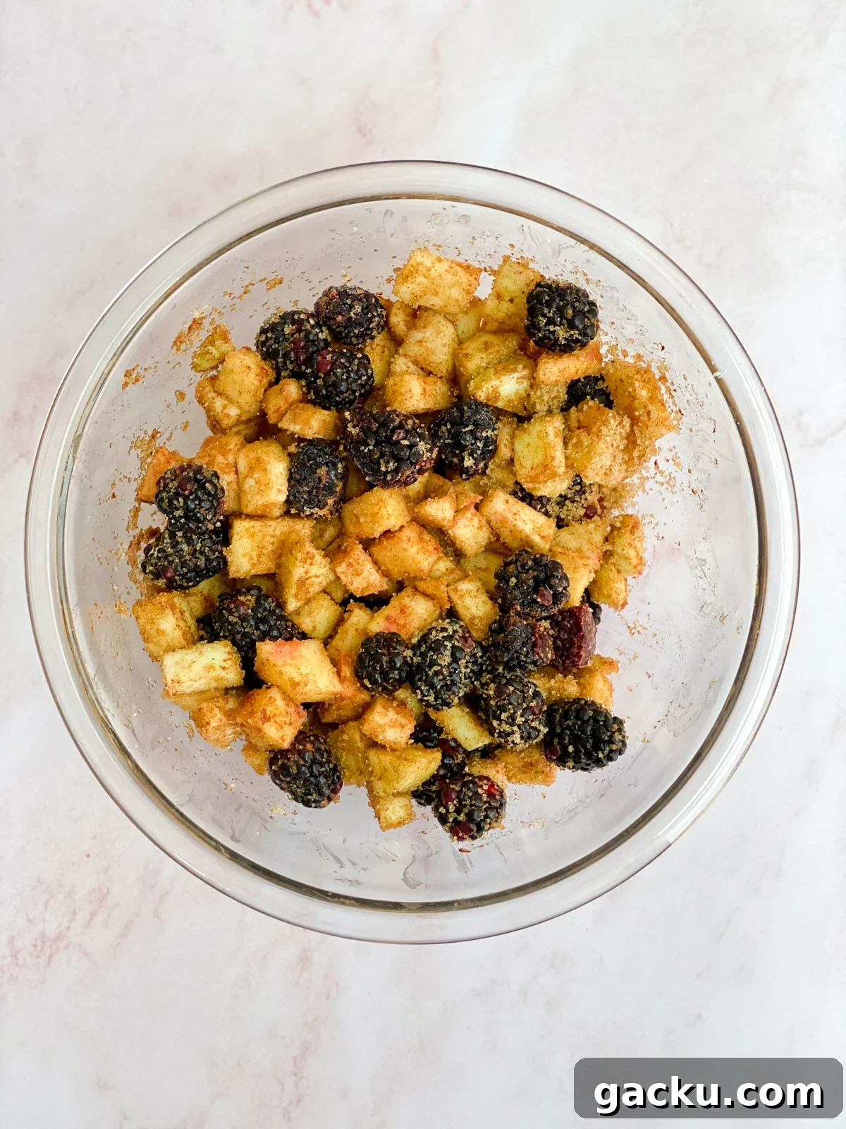 Blackberry Apple Crumble Recipe: Rustic Dessert with Oat Topping 7 all the filling ingredients mixed together.