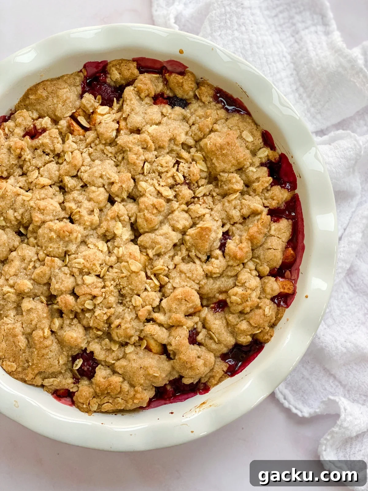 Blackberry Apple Crumble Recipe: Rustic Dessert with Oat Topping 10 blackberry and apple crumble after it finished baked.