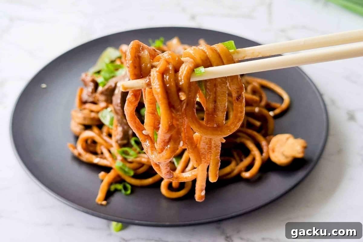 Szechuan Beef Stir-Fry with Noodles: Quick Weeknight Recipe 11 Close up of cooked noodles being held up by a pair of chopsticks