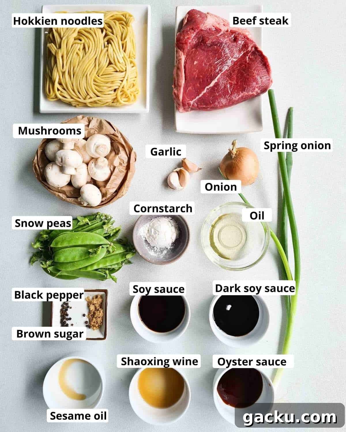 Szechuan Beef Stir-Fry with Noodles: Quick Weeknight Recipe 4 Ingredients required to make this recipe, labeled.