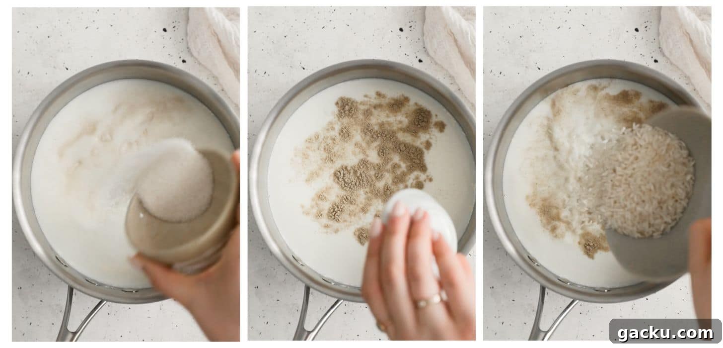 Creamy Cardamom Rice Pudding Recipe — Silky Indian Kheer Guide 4 Three steps to making custard. In photo 1, a hand is pouring sugar into a pot of milk on a white counter. In photo 2, the hand is pouring spices into the milk. In photo 3, a hand is pouring rice into the milk.