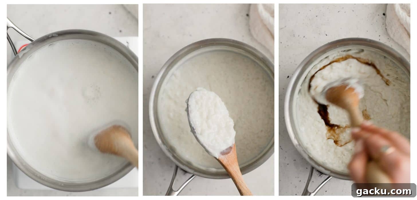Creamy Cardamom Rice Pudding Recipe — Silky Indian Kheer Guide 5 Steps to making custard; in photo 1, a hand uses a wood spoon to stir milk in a pot on a white counter. In photo 2, a hand is spooning the custard over the pot. In photo 3, the hand is mixing vanilla paste into the custard.