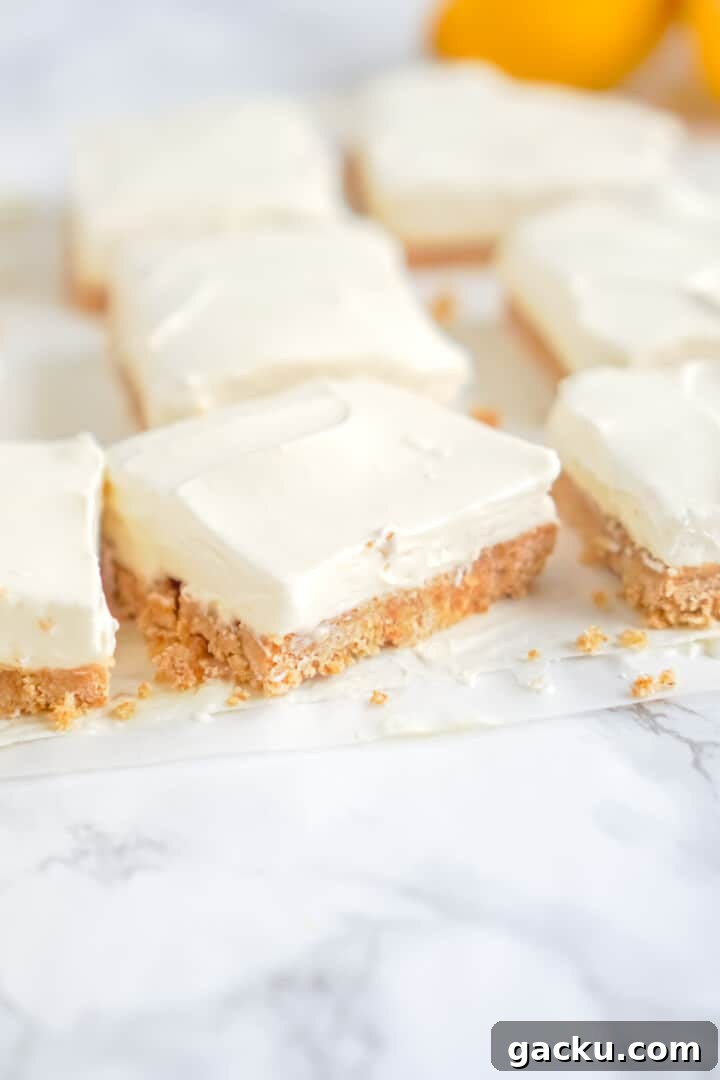 Creamy No-Bake Lemon Cheesecake Bars Recipe 2 Cheesecake Bars on a marble top