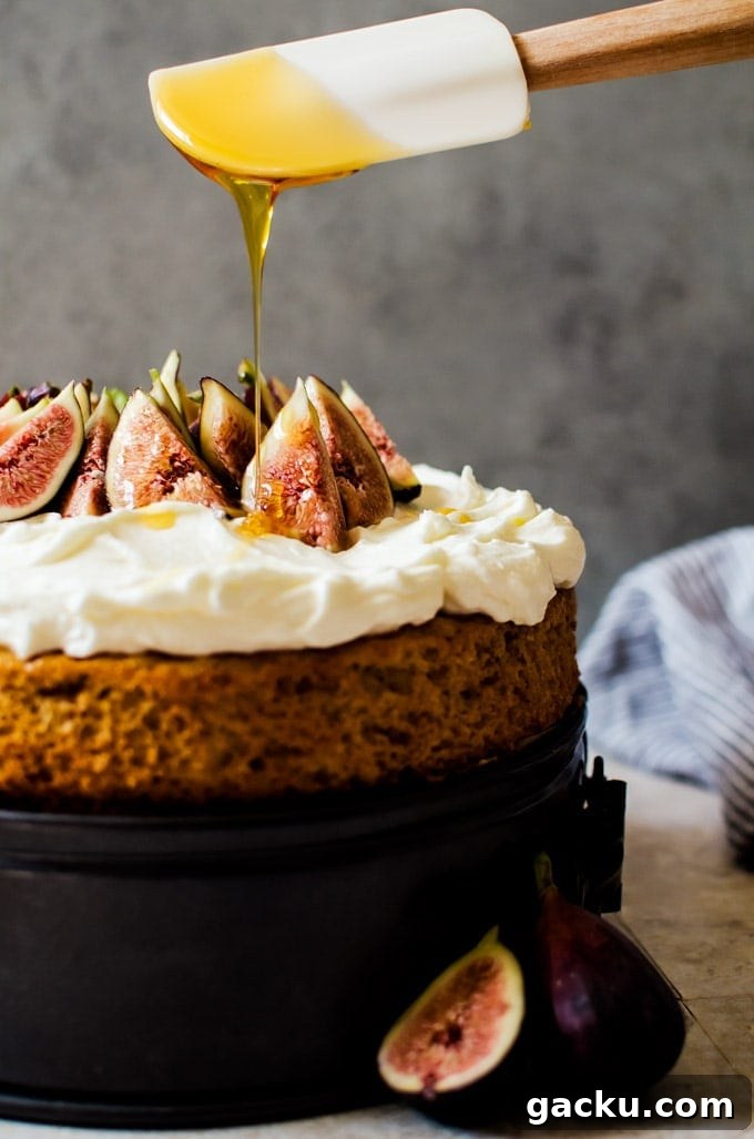 Honey Cake with Whipped Mascarpone and Fresh Figs 2 Cake being drizzled with honey