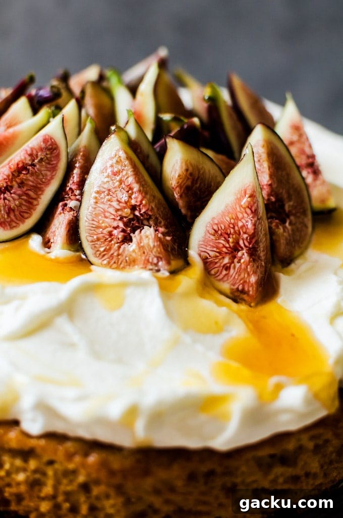 Honey Cake with Whipped Mascarpone and Fresh Figs 4 Close up of toppings on cake