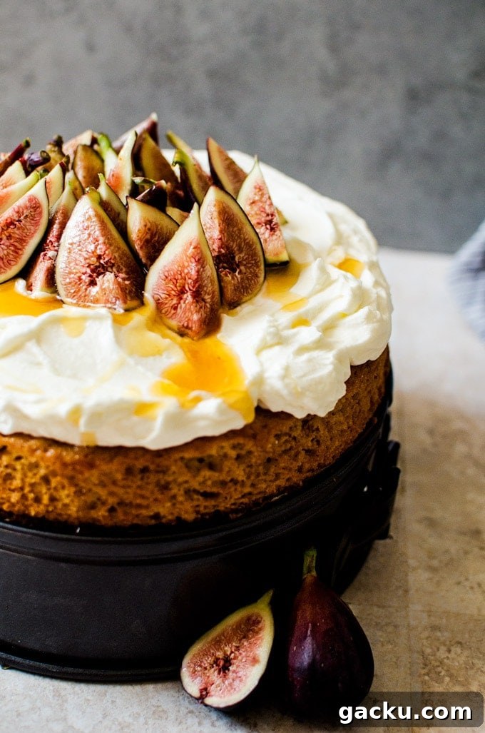 Honey Cake with Whipped Mascarpone and Fresh Figs 5 close up of cake drizzled with honey