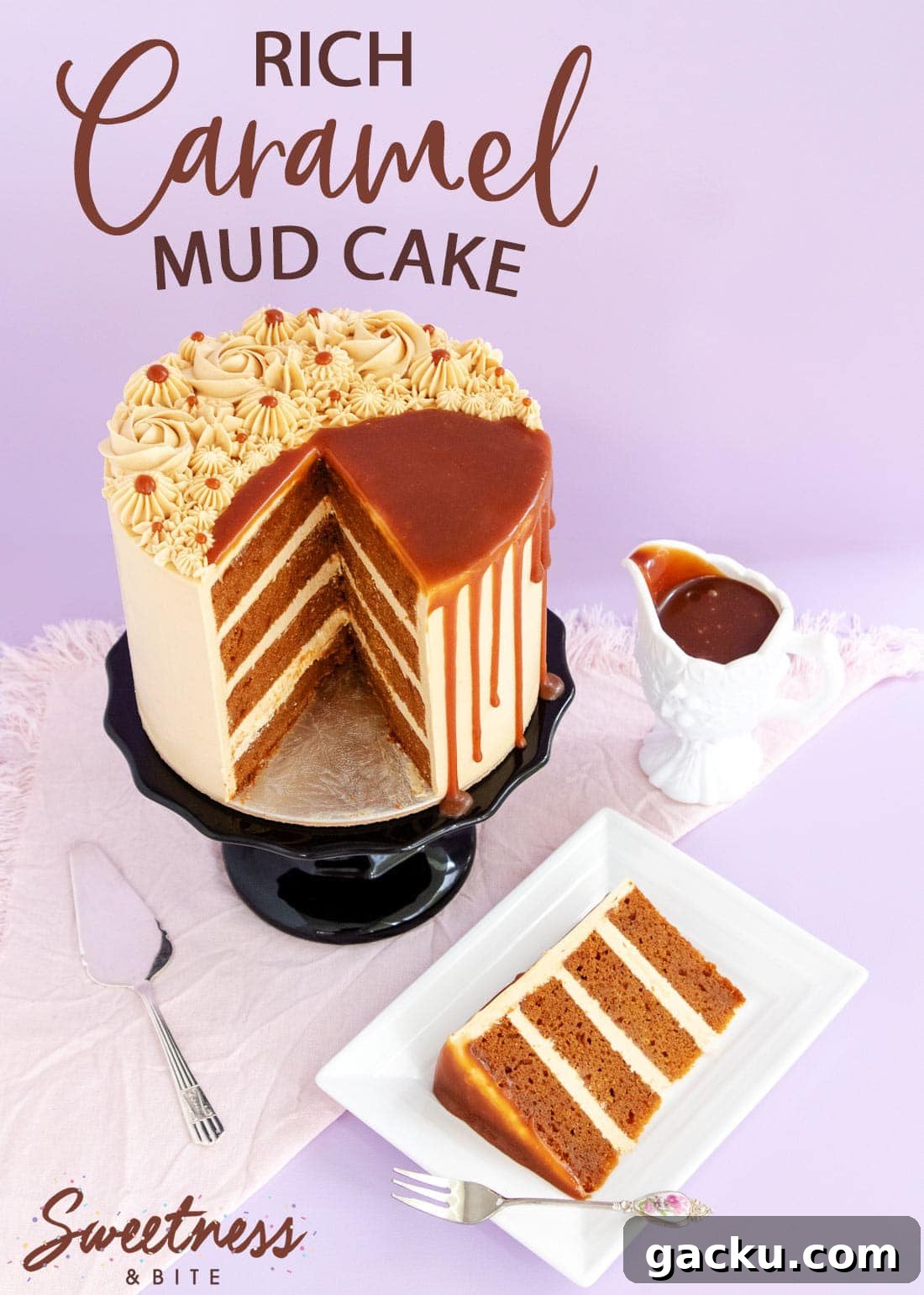 Caramel mud cake on a black cake stand, a slice of cake on a white plate, and a small jug of caramel sauce.