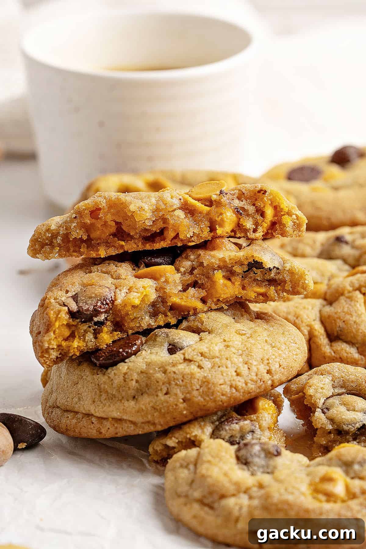 Chewy Butterscotch Chocolate Chip Cookies — No-Chill Dough Recipe 3 Bitten chocolate chip butterscotch cookies on top of whole ones. Ceramic cup, white background.