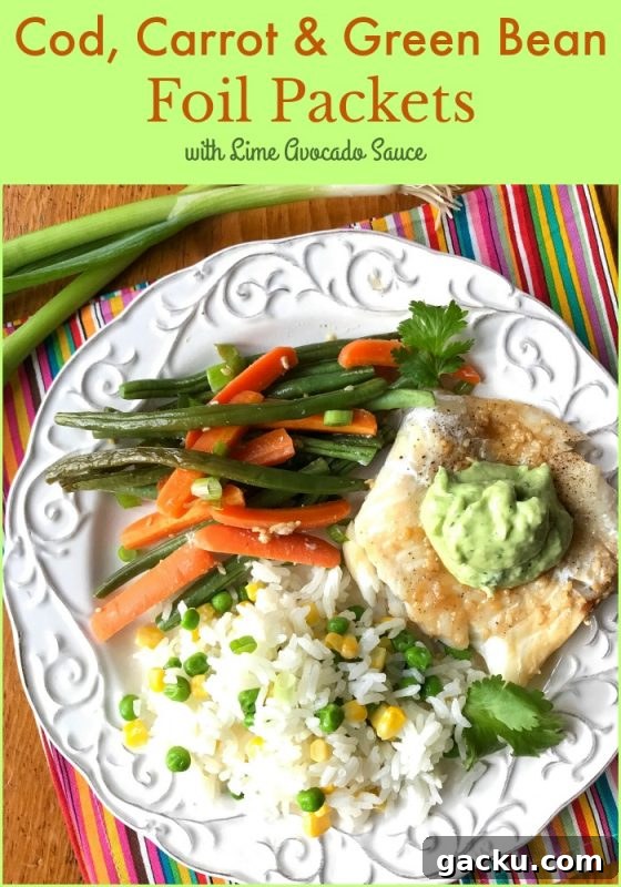 Cod, Carrot & Green Bean Foil Packets with Lime Avocado Sauce 2 Cod, Carrot and Green Bean Foil Packets with lime avocado sauce via LizsHealthyTable.com