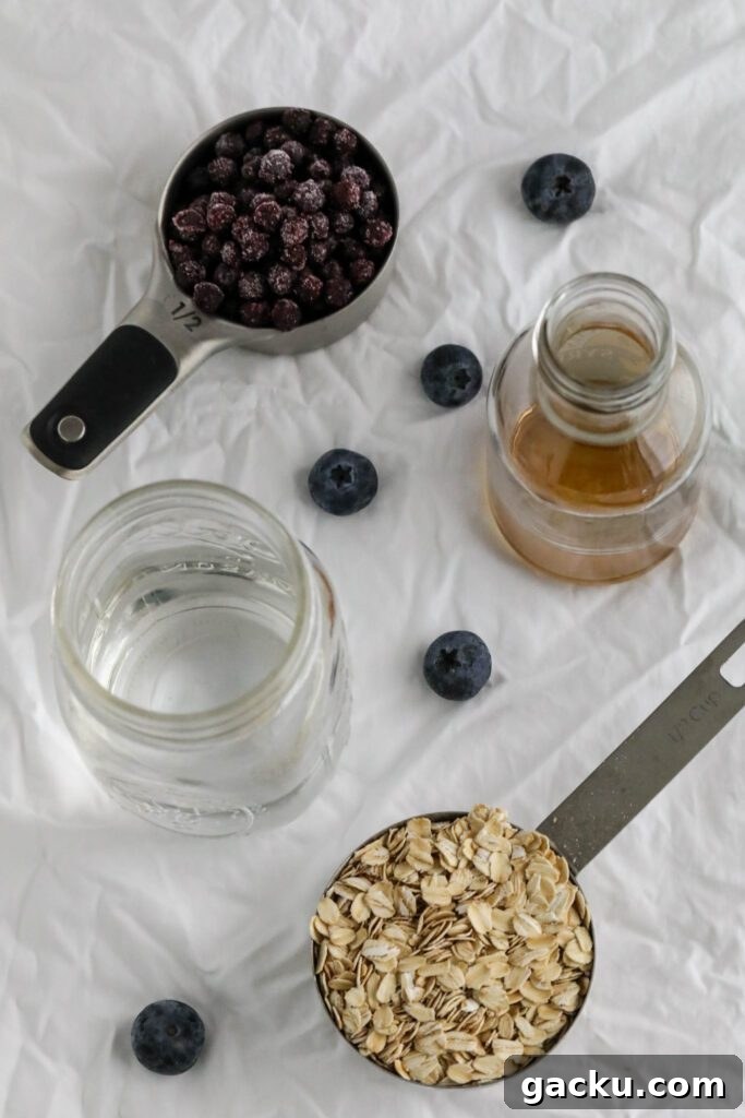 Creamy Blueberry Oatmeal Made on the Stovetop 3 ingredients for blueberry stovetop oatmeal on white towel