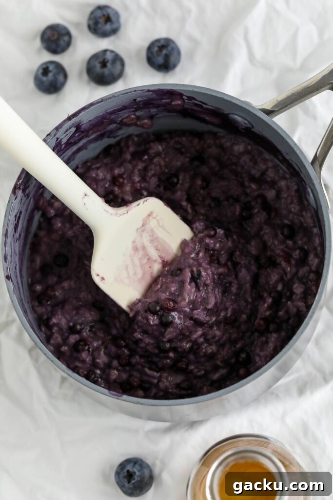 Creamy Blueberry Oatmeal Made on the Stovetop 5 Blueberry Stovetop Oatmeal cooked in pot with spatula and blueberries on the side