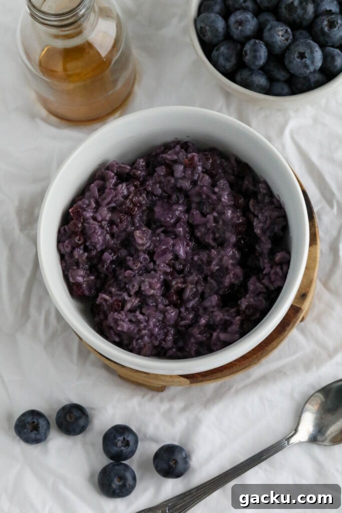 Creamy Blueberry Oatmeal Made on the Stovetop 6 Blueberry Stovetop Oatmeal served in bowl on wooden pedestal with scattered blueberries