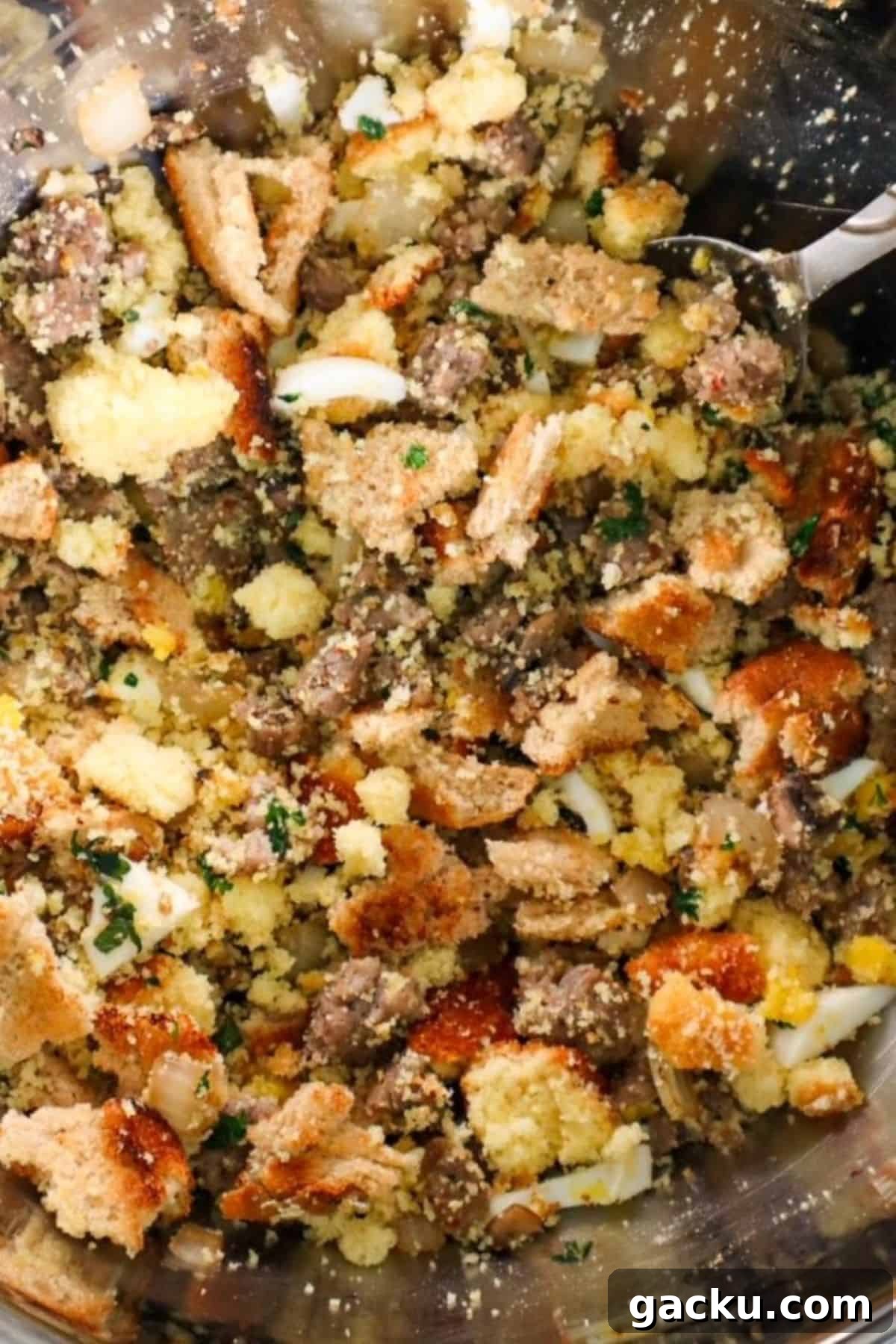 cornbread dressing ingredients in mixing bowl