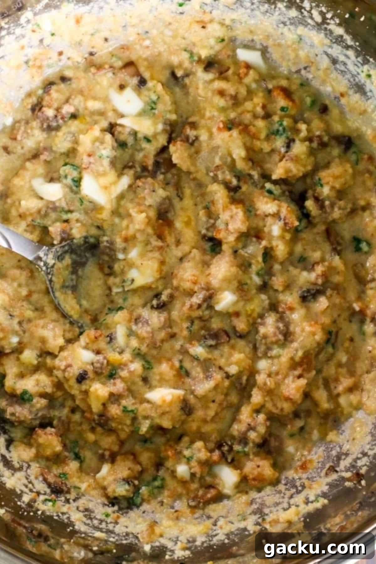 honey cornbread and sausage dressing ingredients in mixing bowl