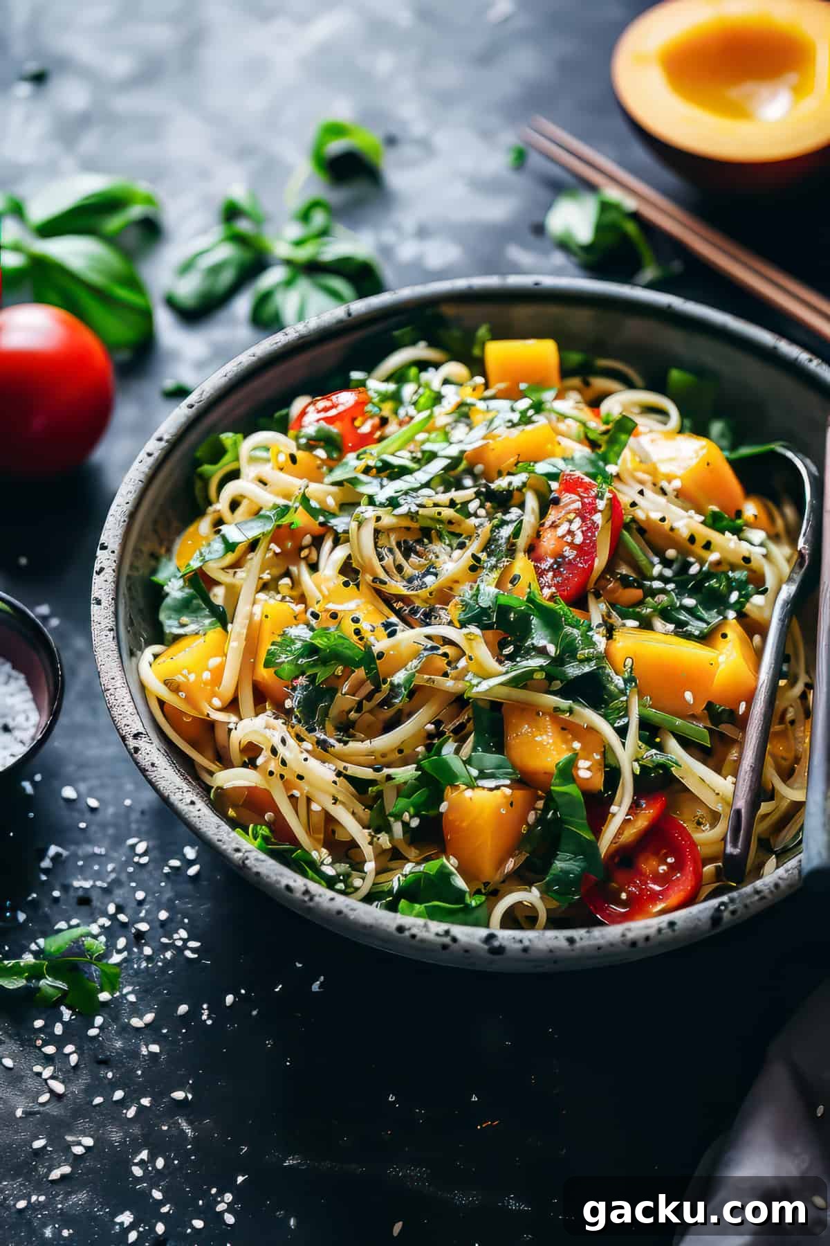 Asian noodle salad with mango and vegetables.