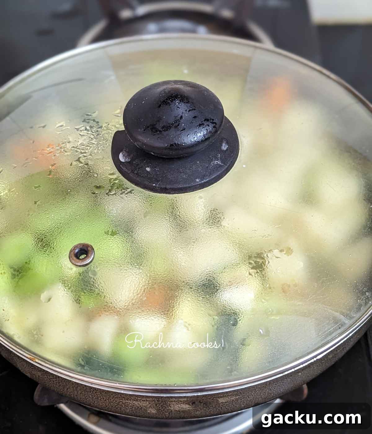 Creamy Leek, Cauliflower & Potato Soup Recipe for Cozy Meals 8 Vegetables cooking with the lid on.