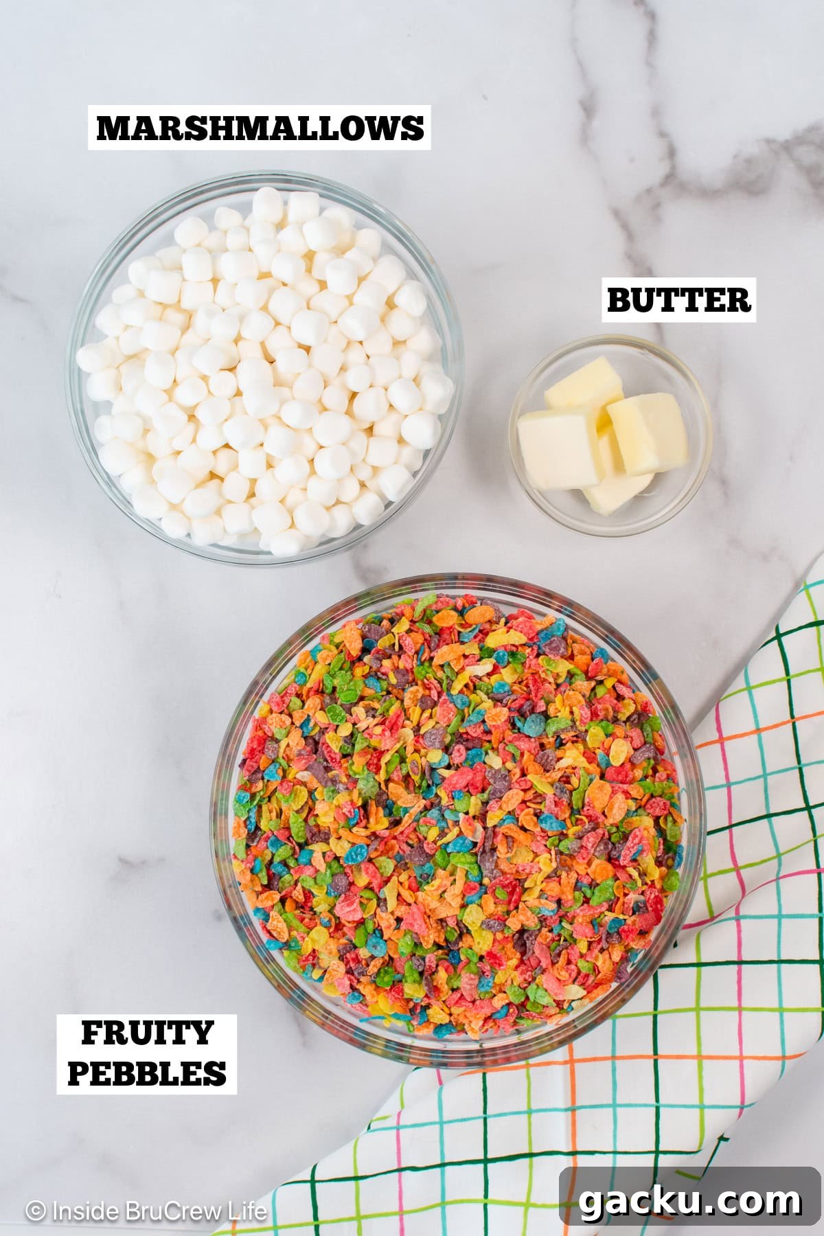 Fruity Pebbles Rice Krispie Treats Recipe 3 Bowls of ingredients needed to make fruity pebbles treats.