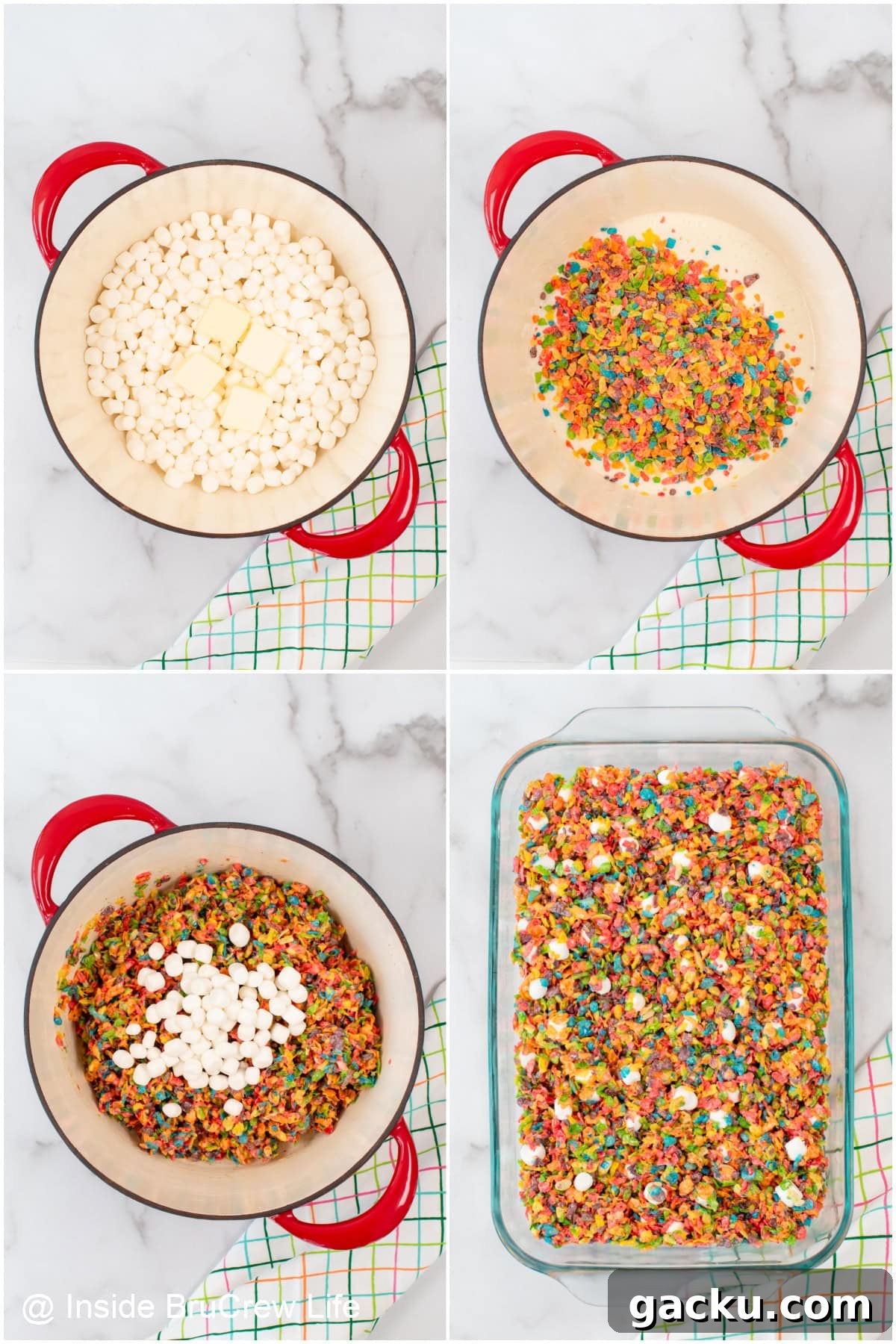Fruity Pebbles Rice Krispie Treats Recipe 4 Four pictures collaged together showing how to make crispy treats.