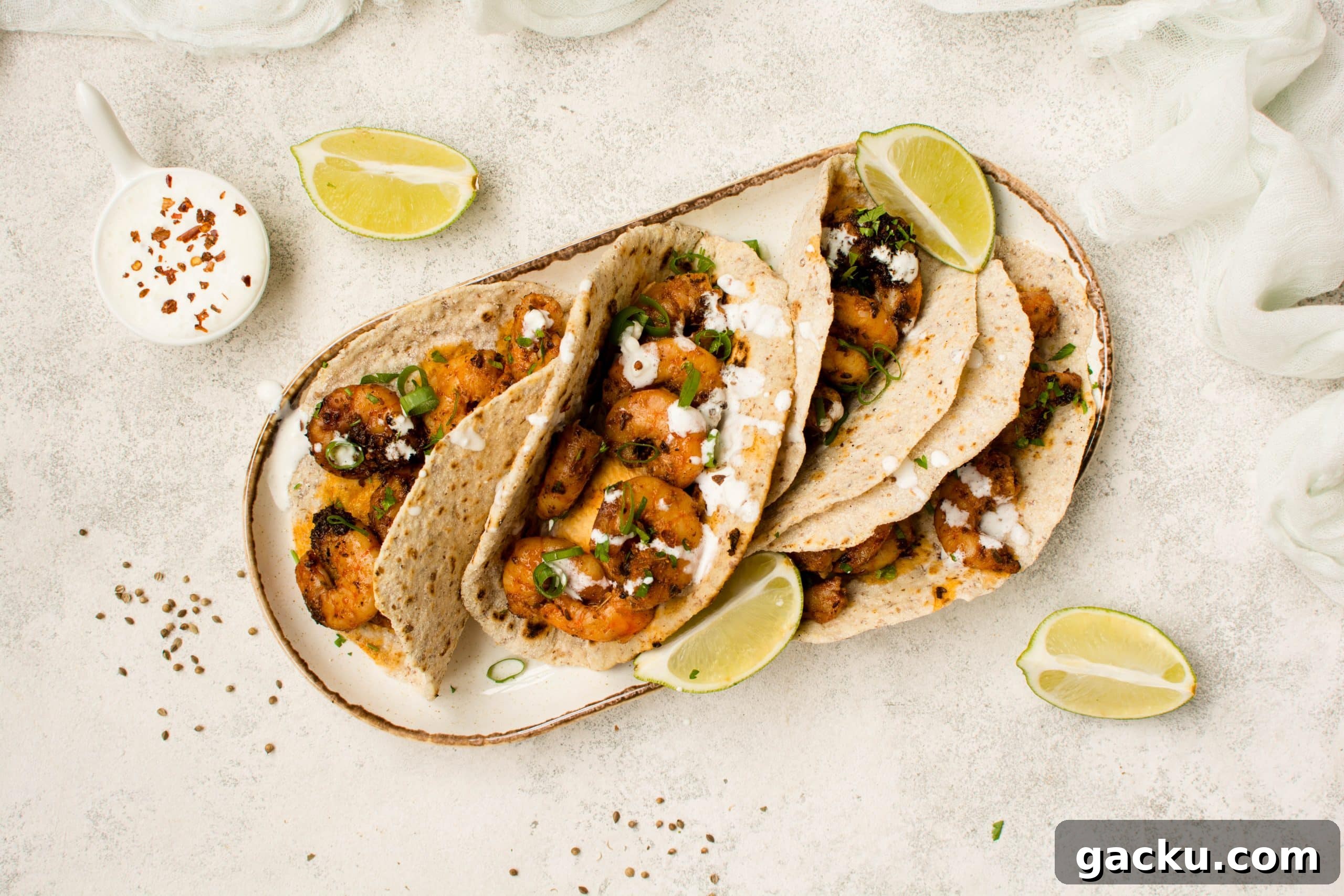 Spicy Blackened Shrimp Tacos with Cilantro Lime Slaw 2 Tortilla Served Top