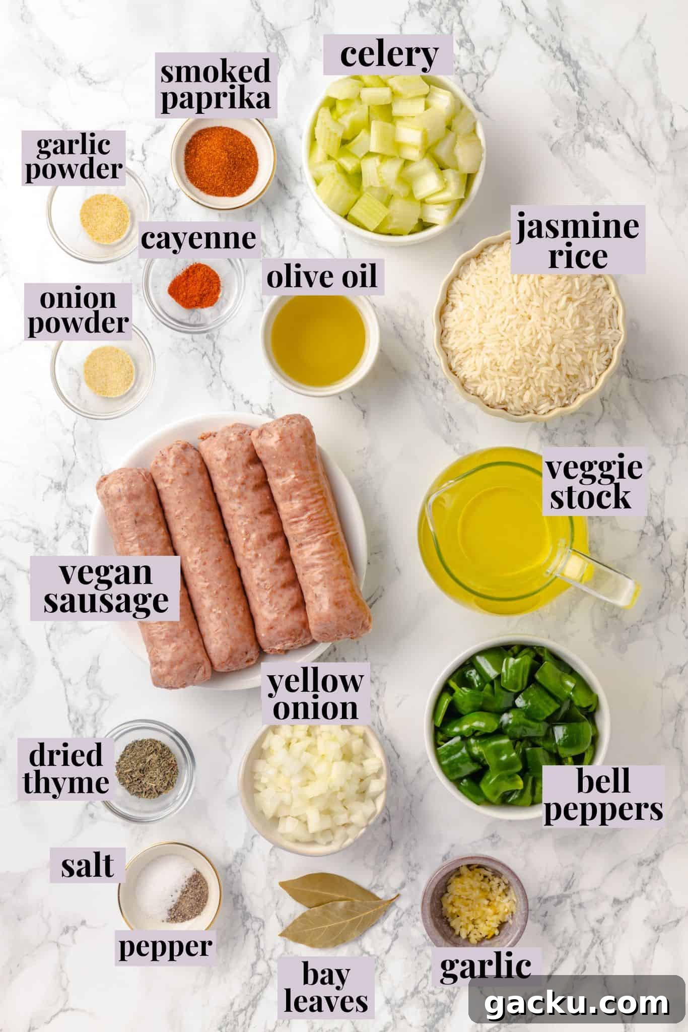 Overhead view of ingredients for dirty rice recipe