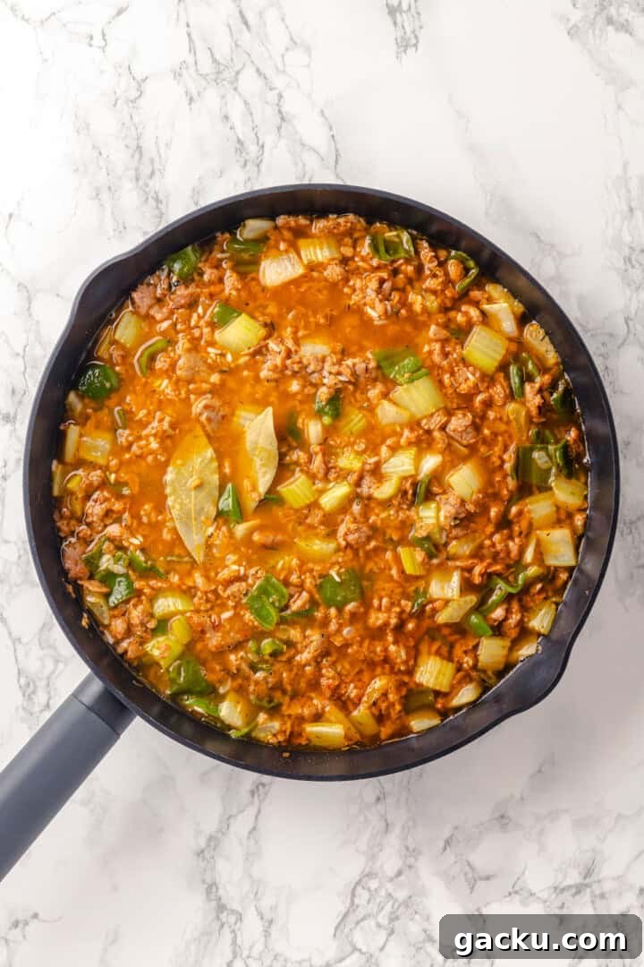 Dirty rice in skillet after adding stock